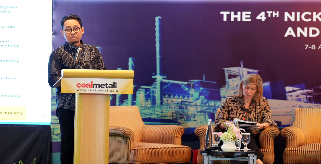 Rizwan Aryadi Ramdhan, Director of Mineral and Coal Downstreaming at the Ministry of Investment and BKPM, delivers a speech on "Accelerating Indonesia’s Green Industrial Transformation: The Success of Nickel Downstreaming for EV Battery Production" at the 4th Nickel Producers, Processors and Buyers Conference, hosted by Petromindo.com and Coal Metal Asia magazine on August 8, 2025, in Jakarta. (Lucky Ebenhaezer Ginting)