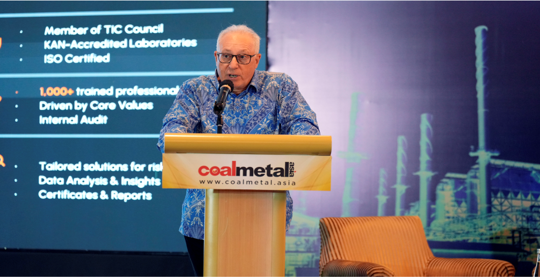 Hal Loevy, Director of PT Carsurin Tbk, delivers a speech on “Testing, Inspection and Certification (TIC) Across the Nickel to EV Value Chain: Enhancing Traceability, Enabling Public-Private Coordination, and Supporting a Safe, Circular, and Sustainable Transition for Indonesia’s EV Ecosystem” at the 4th Nickel Producers, Processors and Buyers Conference, hosted by Petromindo.com and Coal Metal Asia magazine on August 8, 2025, in Jakarta. (Lucky Ebenhaezer Ginting)